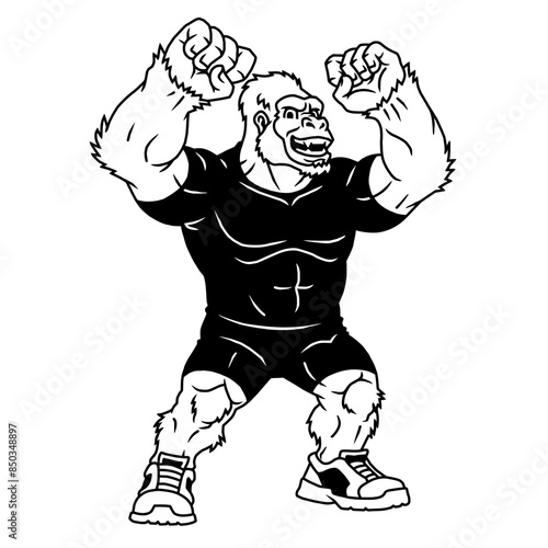 Muscular angry gorilla in sports uniform raises arms, vector, logo, cartoon, illustration, mascot, character