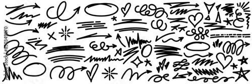 Hand drawn doodle elements, dynamic, organic strokes and creative doodles. Original vector illustrations, strikethrough and squiggles lines asset