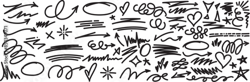 Hand drawn doodle elements, dynamic, organic strokes and creative doodles. Original vector illustrations, strikethrough and squiggles lines asset