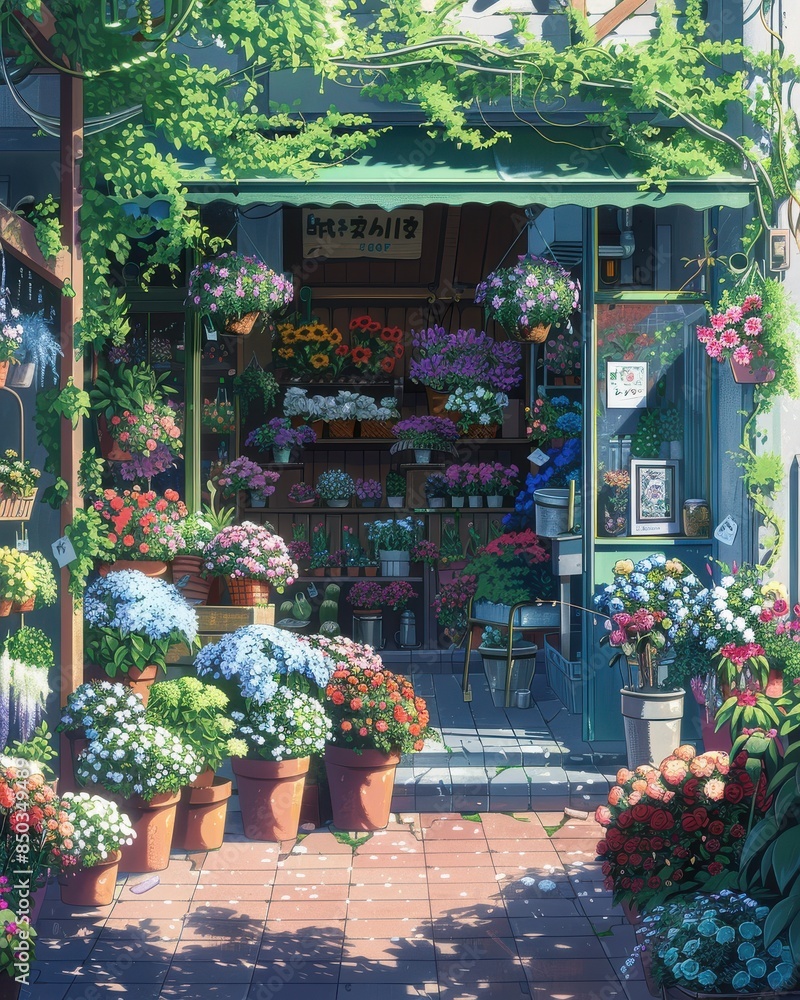 Cartoon image, A beautiful flower shop in exterior, Hyperrealistic, February morning Cartoon image, A beautiful flower shop in exterior, Hyperrealistic, February morning