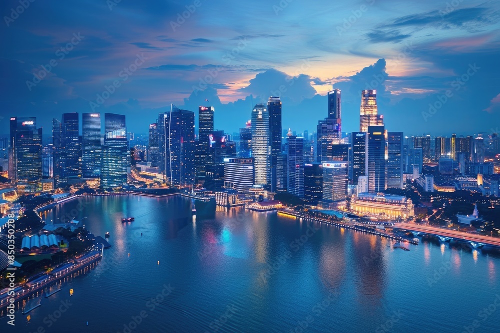 Obraz premium modern cityscape with towering skyscrapers, reflecting a vibrant and dynamic urban environment