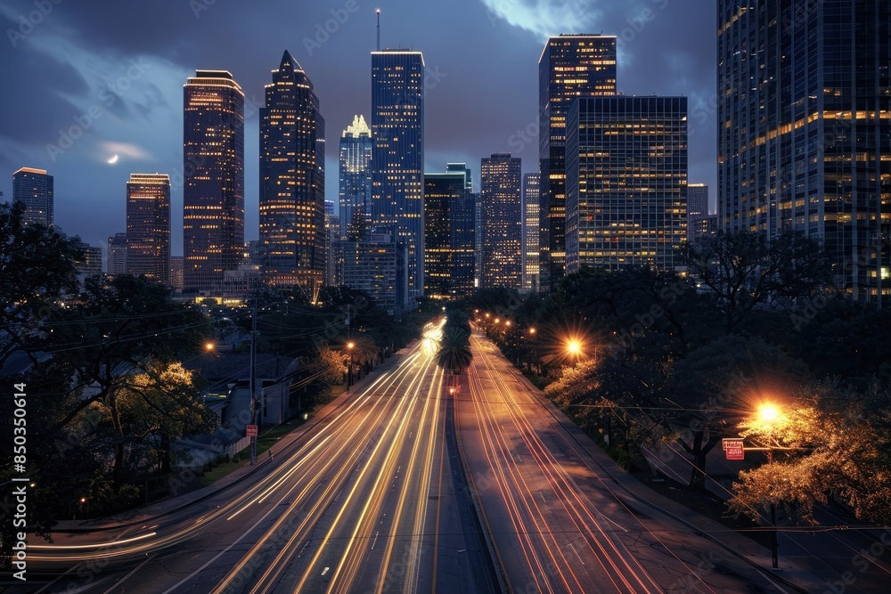 Obraz premium modern cityscape with towering skyscrapers, reflecting a vibrant and dynamic urban environment