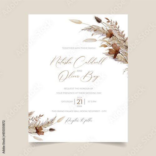Boho rust flower and pampas wedding invitation, fall pampas grass romantic wedding invitation