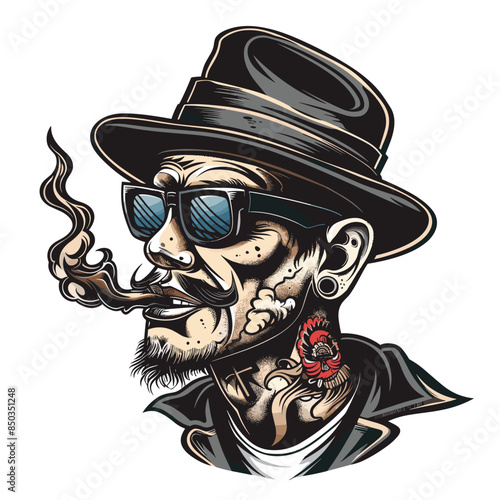 A man with a mustache and sunglasses is smoking a pipe. He has tattoos and a flower tattoo on his arm