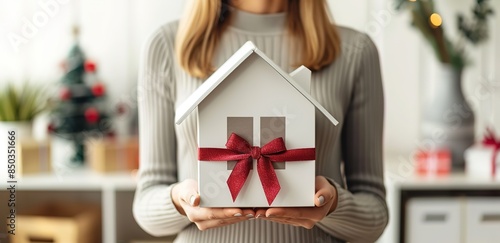 A person carrying a white miniature house with a red ribbon on a blur effect background