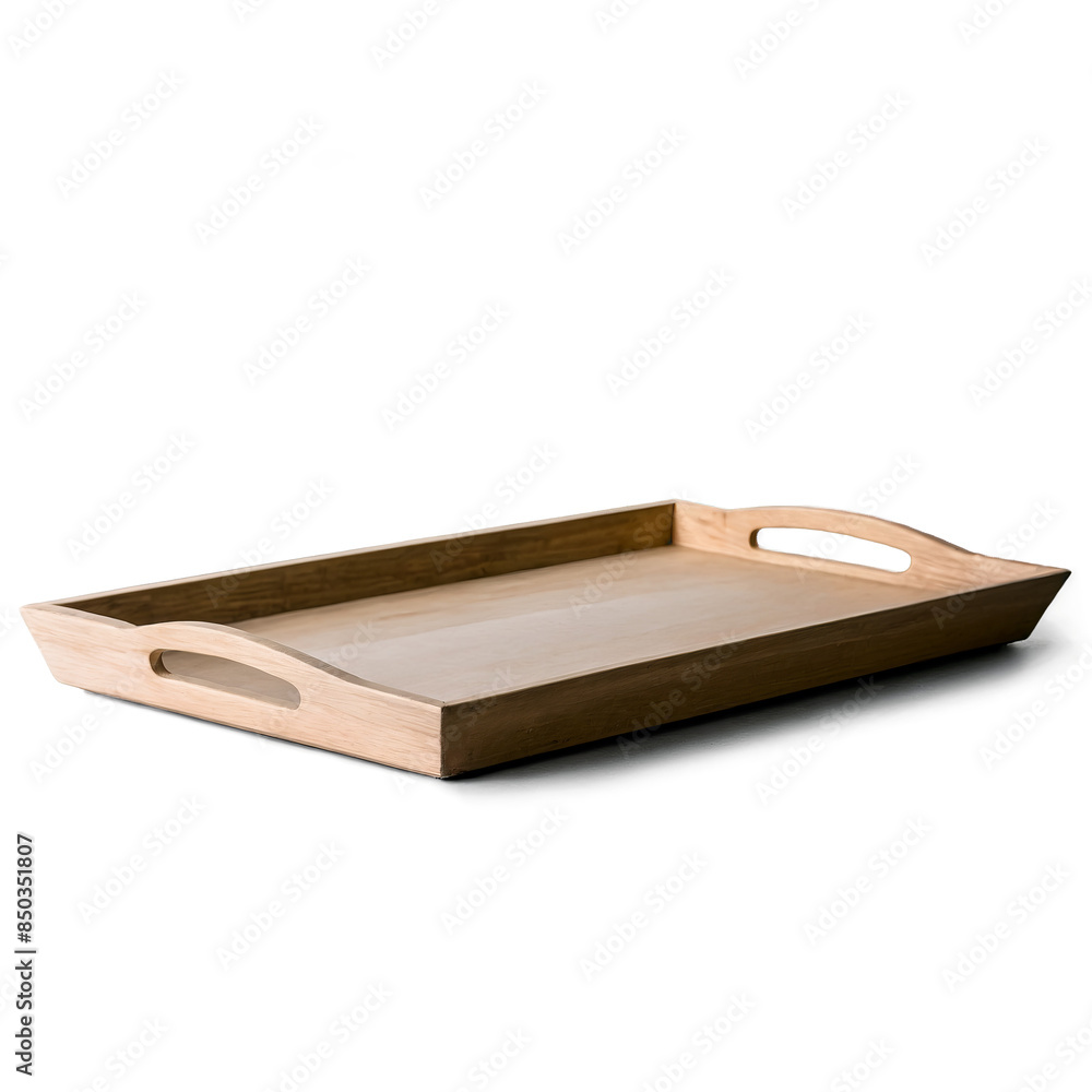 A rectangular wooden serving tray with cut-out handles on a transparent white background, perfect for png A rectangular wooden serving tray with cut-out handles on a transparent white background, perfect for png
