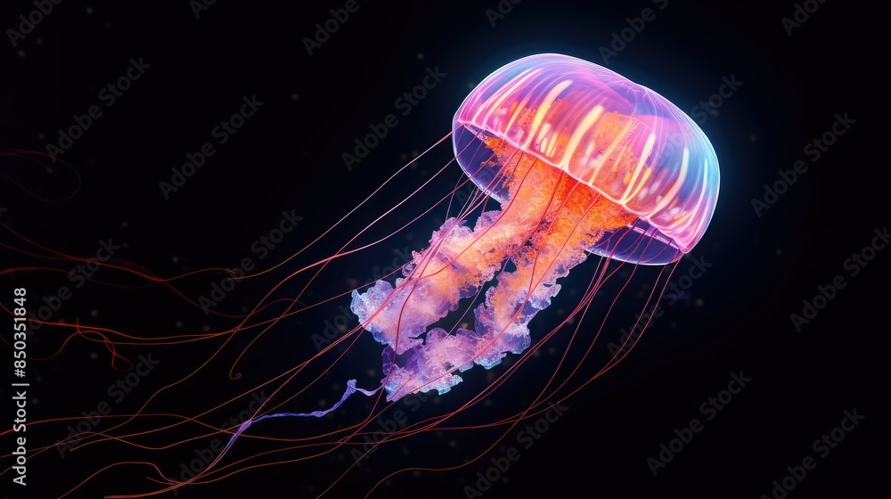 Luminescent jellyfish glowing underwater