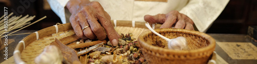 Obraz na plátně Close-up of senior apothecary choosing herbs for recipe for traditional Asian me