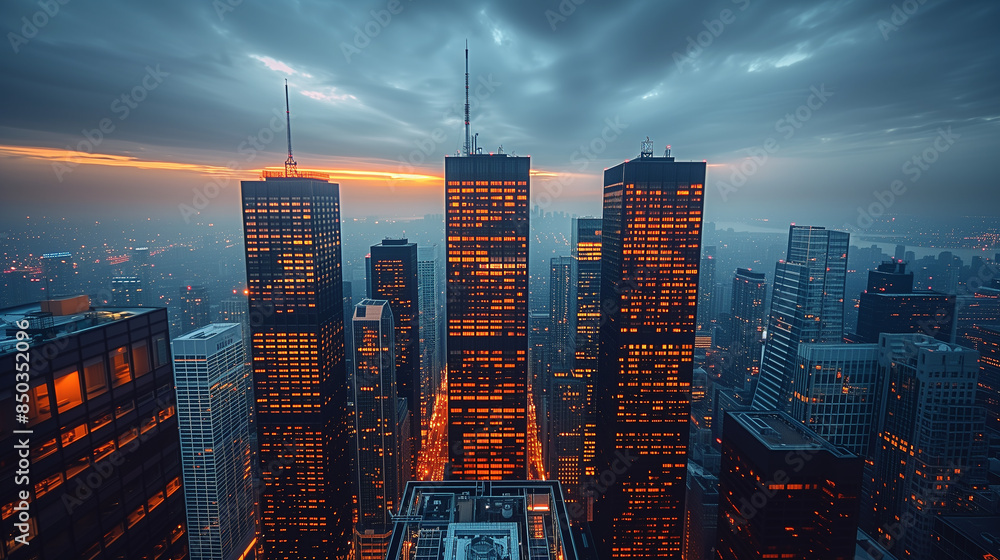 Fototapeta premium Cityscape View of Skyscrapers at Sunset