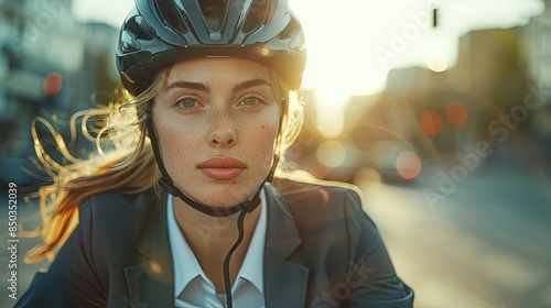 Close-up of a businesswoman on her bike in the city with focus on her photo