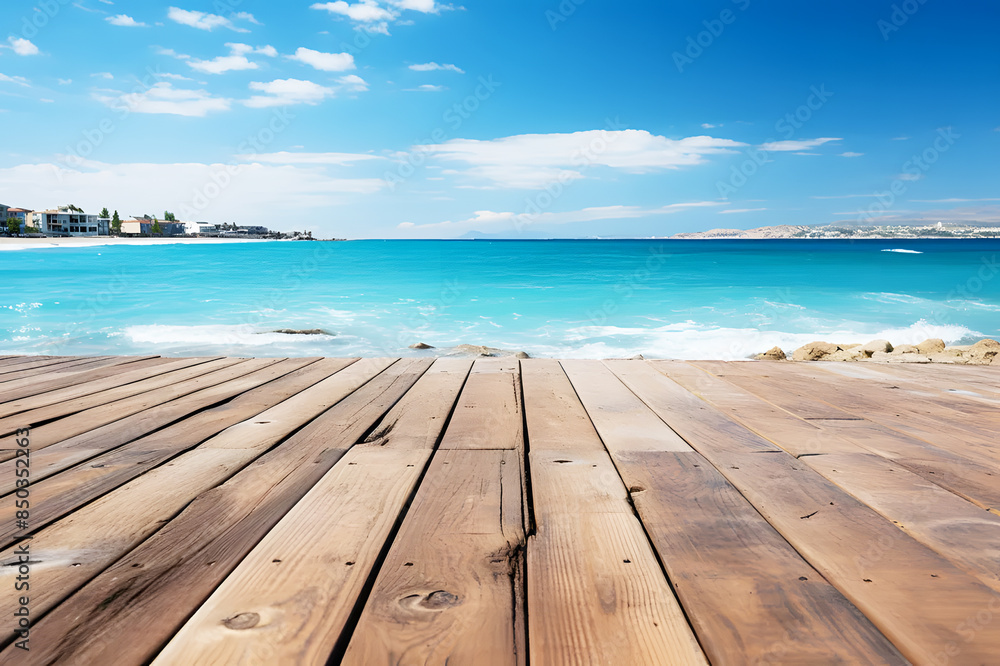 Fototapeta premium Empty brown wooden floor or table with landscape sea blue and white beach, rocks, cloud sky and bright sunlight with is blur background. Realistic nature summer clipart template pattern.