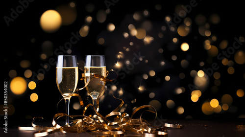 Two glasses of champagne with golden ribbon and bokeh background