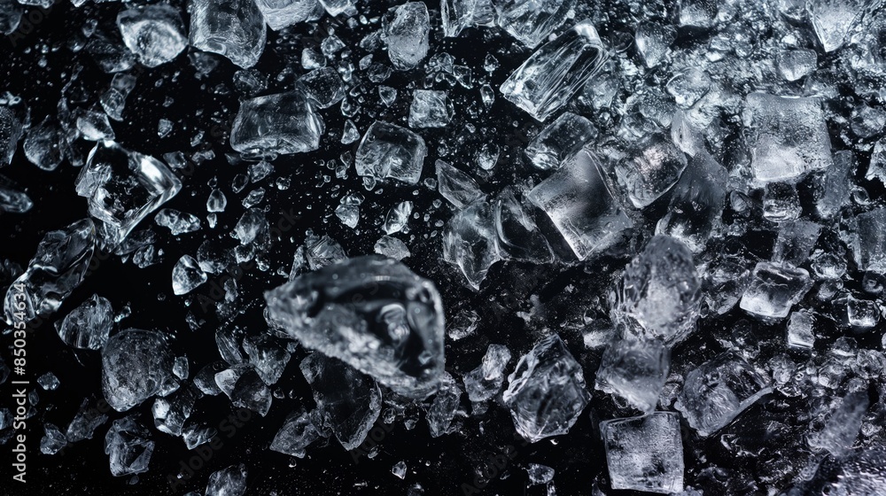 Crushed ice cubes scattered across a black background Crushed ice cubes scattered across a black background