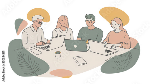 Working online team doing some creative job vector , illustration, remote virtual working freelancers or a part of coworking team.on light white blue background. photo