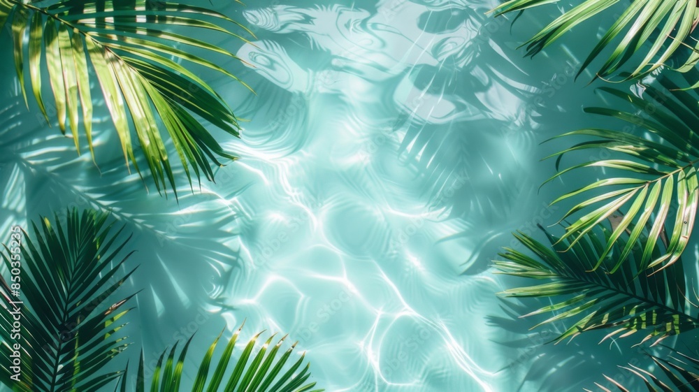 Tropical palm leaf shadow on water surface. Banner for summer vacation. Tropical palm leaf shadow on water surface. Banner for summer vacation.