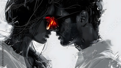 Silhouette image of a young man and woman in white clothes. Opposite each other they look languidly at each other through sunglasses. On a white background. photo