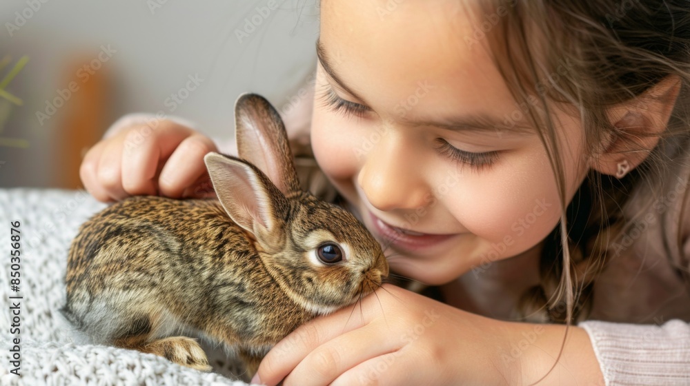 Happy Girl Interacting with Pet Rabbit for Child-Friendly and Pet Care Advertising Happy Girl Interacting with Pet Rabbit for Child-Friendly and Pet Care Advertising