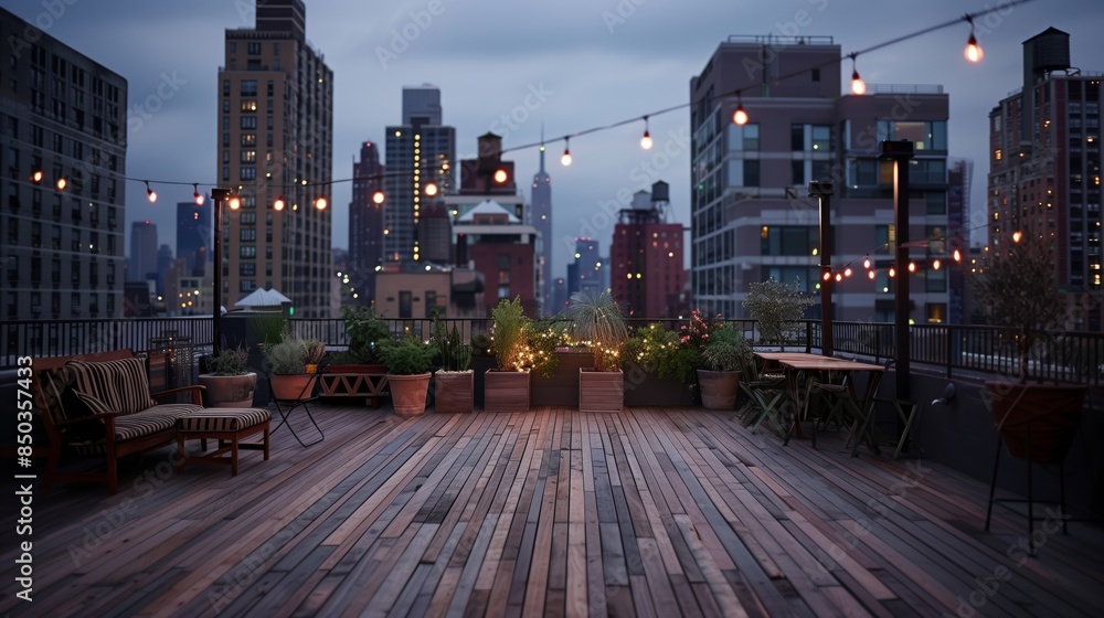 Fototapeta premium A city rooftop terrace features stylish wooden flooring and stunning skyline views, enhanced by string lights.