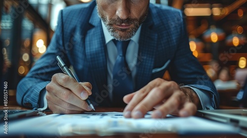 Investment banker (financial advisor) in a businesspeople working in a team wearing executive attire, holding whiteboard marker and office desk, managing investments. Generative AI.