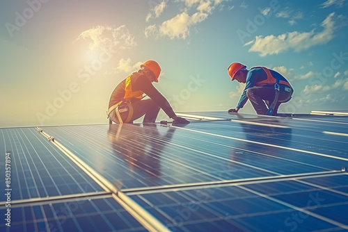 The coordinated efforts of a skilled team of technicians installing solar panels on a rooftop, showcasing how human expertise is integral to adopting solar energy solutions