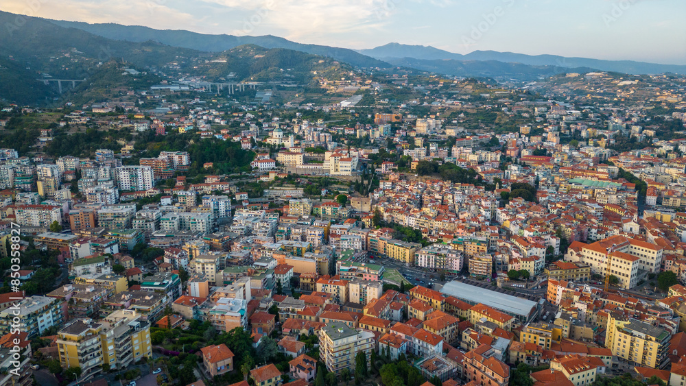 Fototapeta premium Aerial view of Sanremo city town on coastline Riviera in Italy 