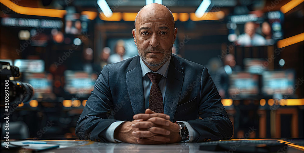 A bald little hair tv anchor hands on plain desk news tv show setup