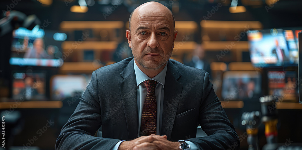 A bald little hair tv anchor hands on plain desk news tv show setup