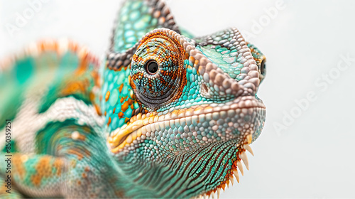 cameleon and a white background. Hyperrealistic photography captures friendly atmosphere and details