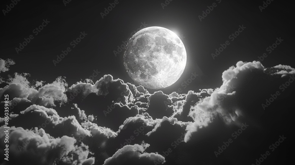 Full Moon Rising Over White Clouds at Night Background Full Moon Rising Over White Clouds at Night Background