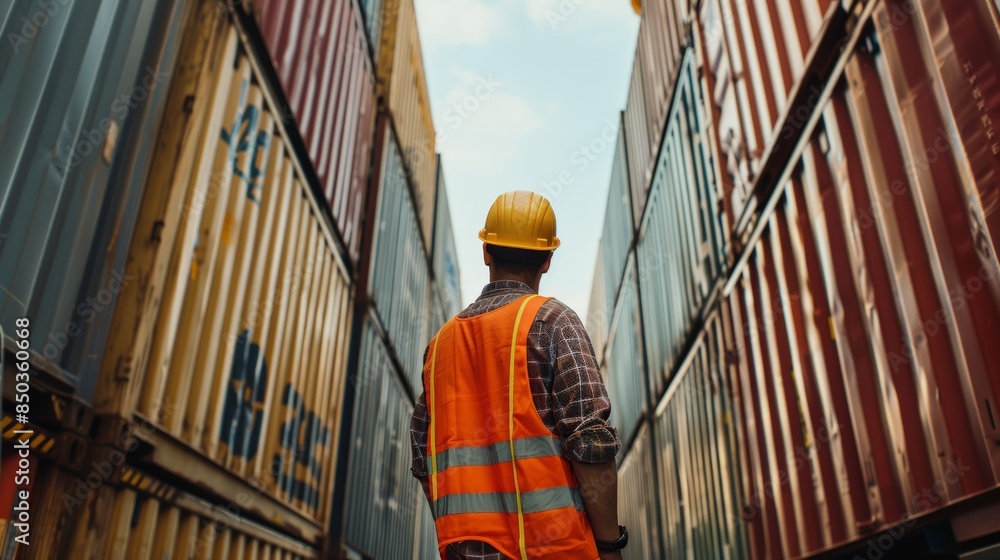 Hispanic man harbor worker talking on the walkie-talkie and control loading containers at container warehouse or port. container, import and export goods, industrial, transportation Hispanic man harbor worker talking on the walkie-talkie and control loading containers at container warehouse or port. container, import and export goods, industrial, transportation