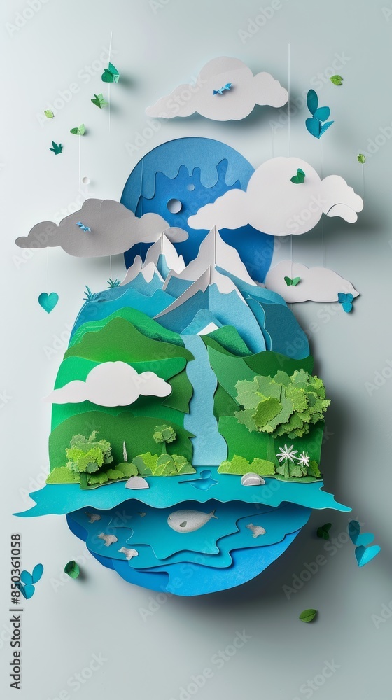 Naklejka premium Ecology and world water day, Saving water and world Environment day, environmental protection and save earth water, Paper art