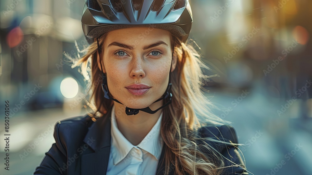 A young professional woman riding a bike in the city with full concentration and sleek helmet A young professional woman riding a bike in the city with full concentration and sleek helmet