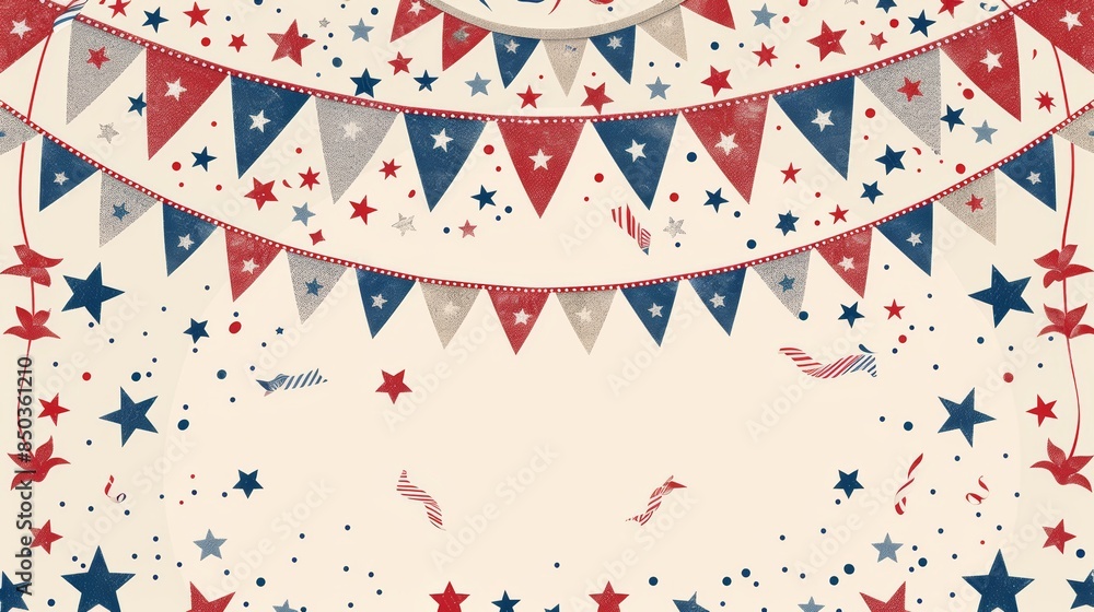 Red, white, and blue bunting and confetti create a festive background. Perfect for patriotic holidays. Red, white, and blue bunting and confetti create a festive background. Perfect for patriotic holidays.