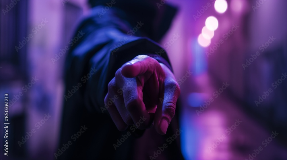 Close up of a hand pointing in an urban setting at night Close up of a hand pointing in an urban setting at night