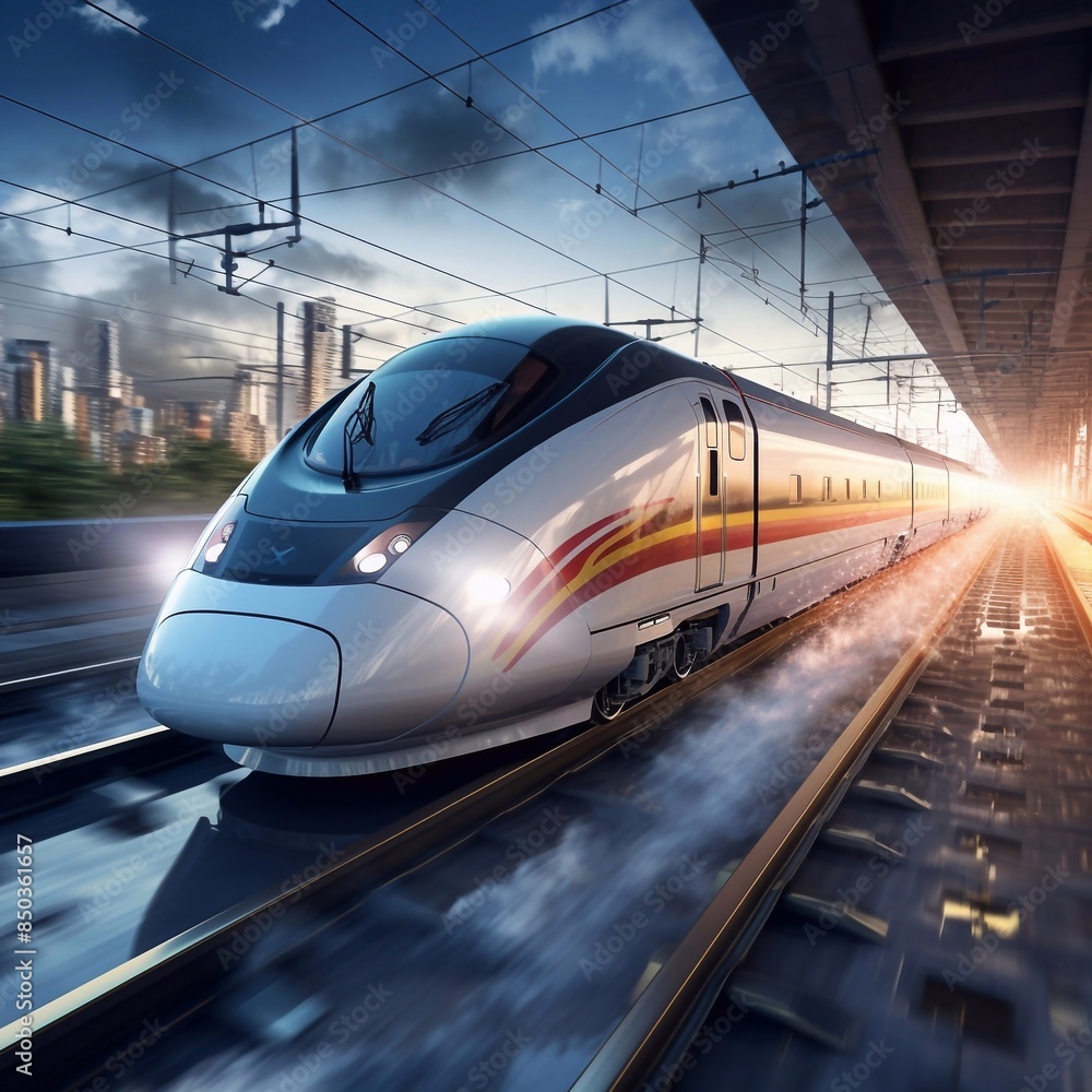 Fototapeta premium high speed electric train Running towards the platform of the train station