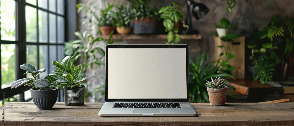 Empty laptop screen on a stylish desk Empty laptop screen on a stylish desk