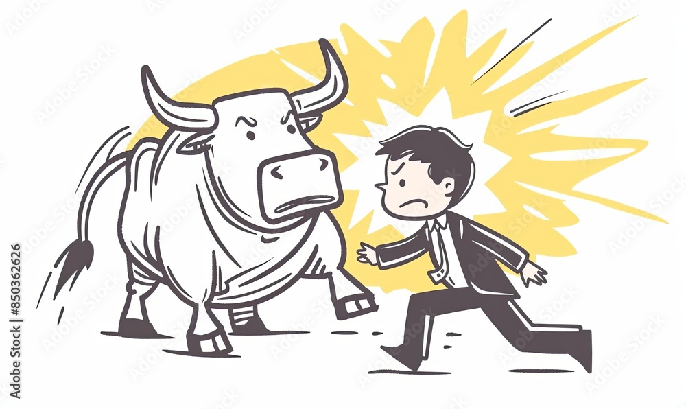 Cartoon Businessman Confronting Angry Bull with Yellow Burst Cartoon Businessman Confronting Angry Bull with Yellow Burst