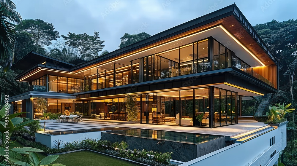 Fototapeta premium Modern tropical house with extensive cross-ventilation, large windows, and design elements that integrate with the natural environment. Generative AI.
