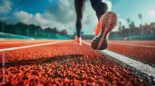 Low-angle view of a runner's legs and shoes in motion on a red athletic track, with stadium background.