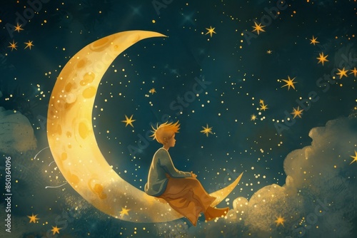 A whimsical illustration of the Little Prince sitting on a crescent moon, surrounded by twinkling stars 