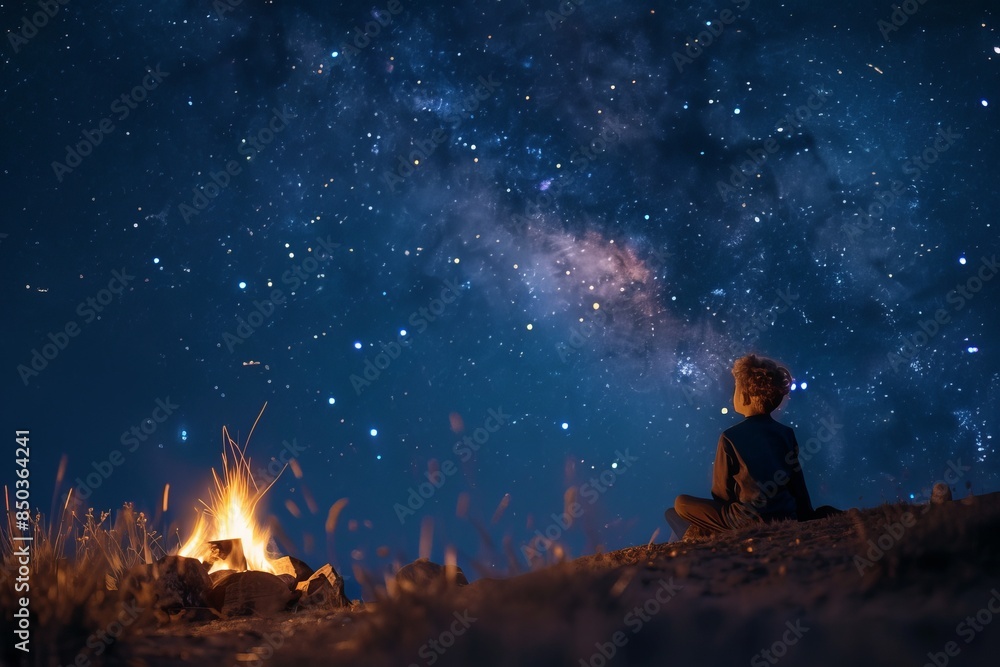Fototapeta premium The Little Prince sitting by a campfire under a starry night sky, with the Milky Way visible above