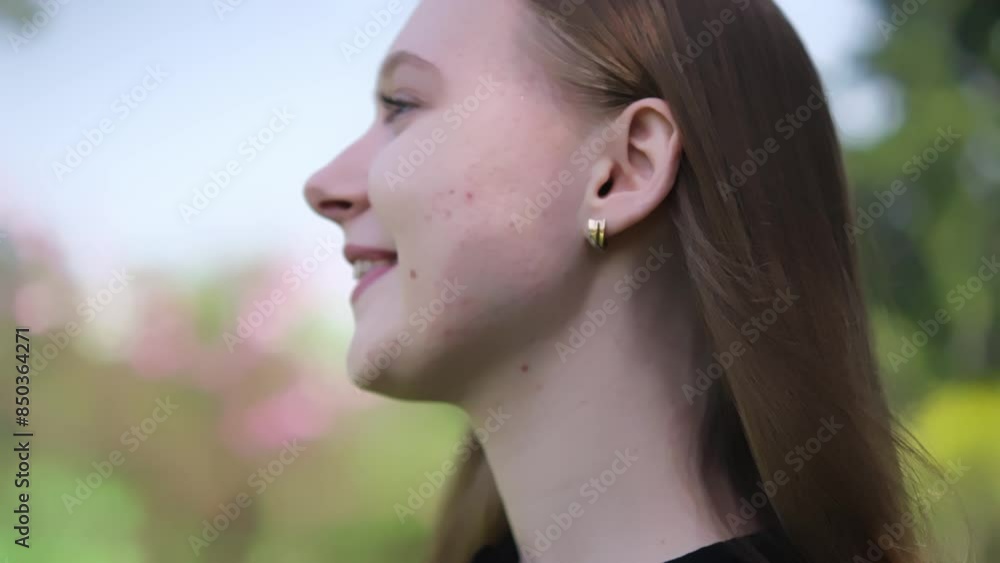 young woman against blurred natural background. Her expressions vary from thoughtful to smiling, capturing different aspects of her personality in serene outdoor setting young woman against blurred natural background. Her expressions vary from thoughtful to smiling, capturing different aspects of her personality in serene outdoor setting