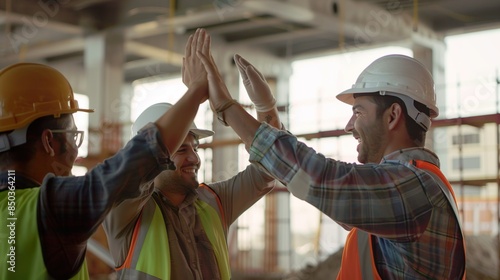Construction Team High-Five Moment on Site