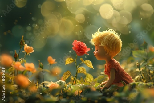 Capture an illustration of the Little Prince tending to his beloved rose in a whimsical garden setting. 