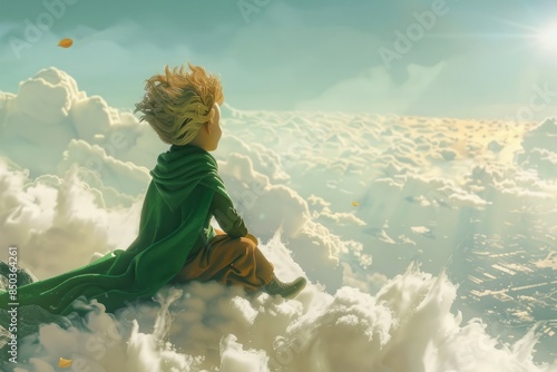 The Little Prince sitting on a cloud, looking down at a dreamy, pastel-colored world below 