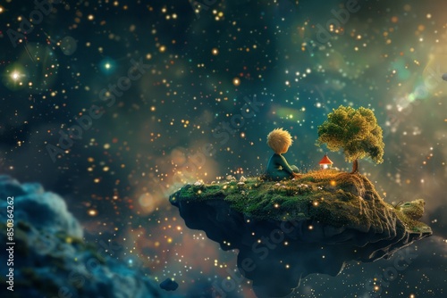 The Little Prince sitting on a floating island in space, with a small house and garden, looking content and peaceful 
