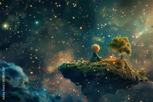The Little Prince sitting on a floating island in space, with a small house and garden, looking content and peaceful