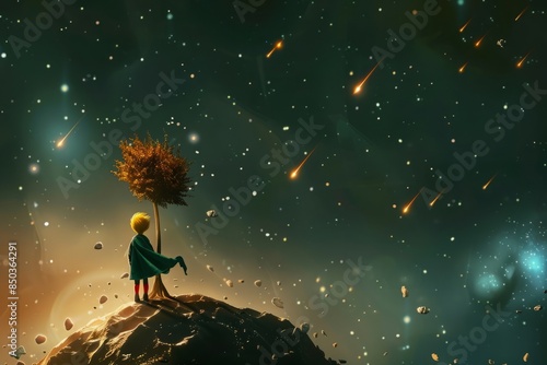 The Little Prince standing on a small planet with a single tree, looking up at a meteor shower