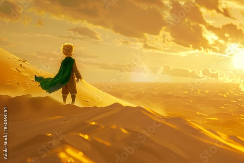 The Little Prince standing on a sand dune in a vast desert, with a golden sunset casting long shadows 