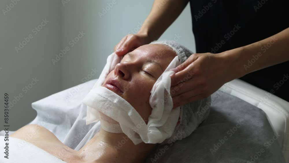 Middle aged female receiving facial anti aged massage in beauty salon. Skincare concept. Cosmetology specialist making facial lifting massage, washing face with napkin after procedure
Middle aged female receiving facial anti aged massage in beauty salon. Skincare concept. Cosmetology specialist making facial lifting massage, washing face with napkin after procedure